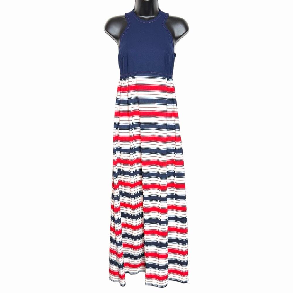 VINTAGE 60s 70s CARLETTE HALTER MAXI DRESS POLYESTER NAUTICAL PREPPY STRIPE SZ 5